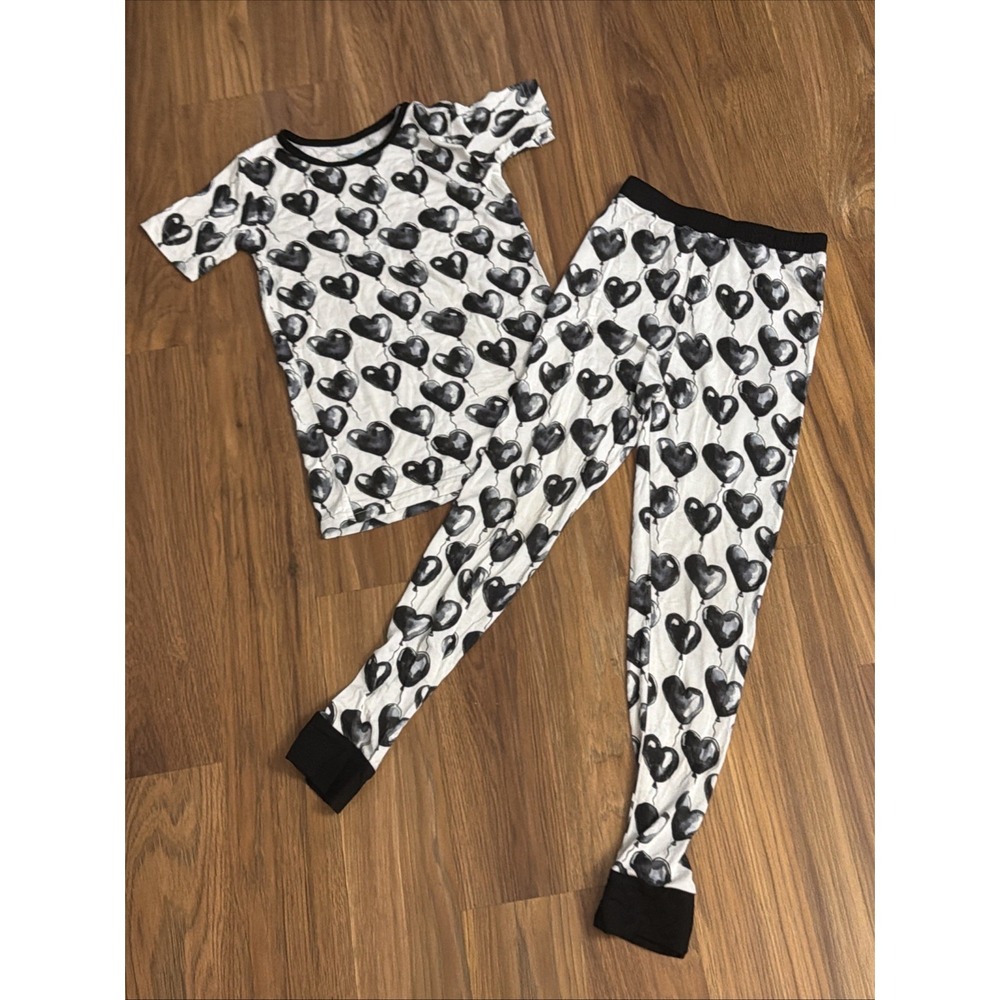 Little One Shop Girls 6/7 Heart Balloons Bamboo 2pc Pajamas Top Pants EUC